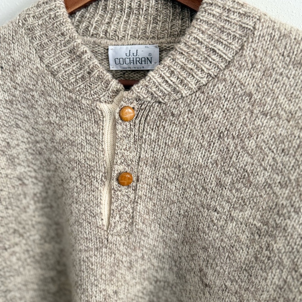 Vintage 80s J.J. Cochran Wool Henley Sweater Oatmeal Chunky Knit L - Picture 2 of 11